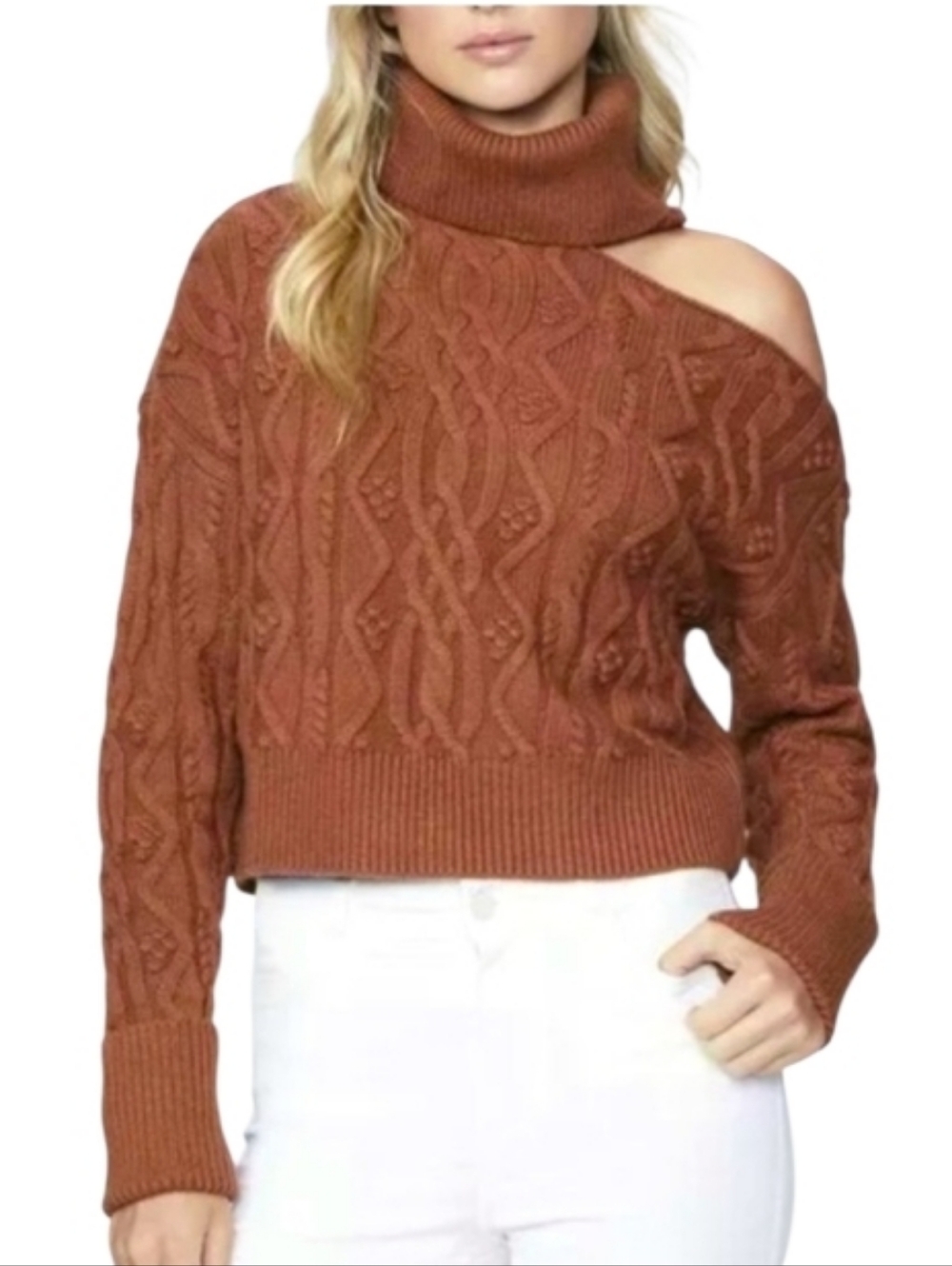 Paige X Anthropologie Raundi Cropped Cable Knit Cold Shoulder Sweater